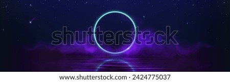 Circle frame with blue neon light glow and purple smoke under calm water with ripples and reflection on dark starry background. Realistic vector illustration of luminous electric line led ring border.