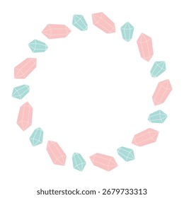 Circle frame with blue and pink crystals. Design element for print, banner, poster, card, social media. Isolated vector illustration 