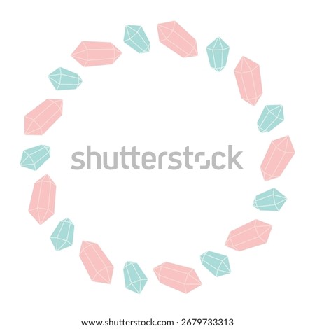 Circle frame with blue and pink crystals. Design element for print, banner, poster, card, social media. Isolated vector illustration 