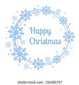 Circle frame blue snowflakes isolated on white background. Christmas background