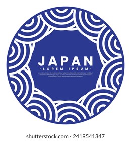 Circle frame with blue wave pattern in Japanese style. Border template. Abstract water line round frame.