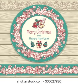 Circle frame and border from Christmas  elements on beige wood background for invitation or congratulation with Merry Christmas and Happy New Year or for Christmas sale