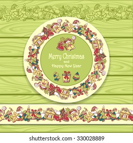 Circle frame and border from Christmas  elements on Light green  wood background for invitation or congratulation with Merry Christmas and Happy New Year or for Christmas sale