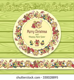 Circle frame and border from Christmas  elements on Light green  wood background for invitation or congratulation with Merry Christmas and Happy New Year or for Christmas sale