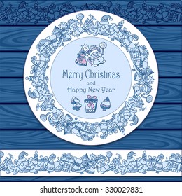 Circle frame and border from Christmas  elements on blue  wood background for invitation or congratulation with Merry Christmas and Happy New Year or for Christmas sale