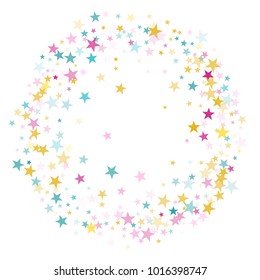 Circle frame border of star sparkle texture glitter pattern. Premium colored confetti of flying stars, magic geometric sparkles stardust vector background card frame. Carnival party design.
