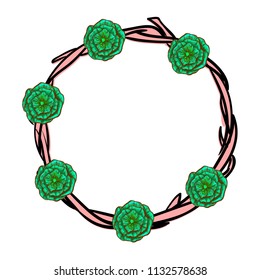 Circle frame of branches with flowers on a white background. Ready template for design, postcards, printing