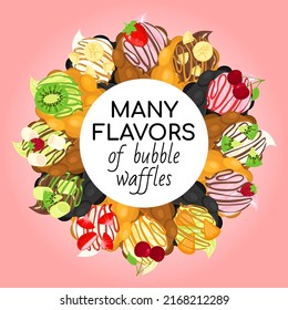 Circle frame of bubble waffles. Composition of different types of bubble waffles arranged in a circle, a wreath of Hongkong waffles cones. Template for advertising, banner.