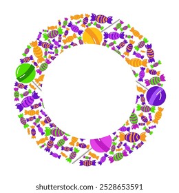 Circle frame with candies and lollypops. Happy Sweetest Day and halloween. Vector background. Template for posters, postcards, cards, banners, packaging, menu
