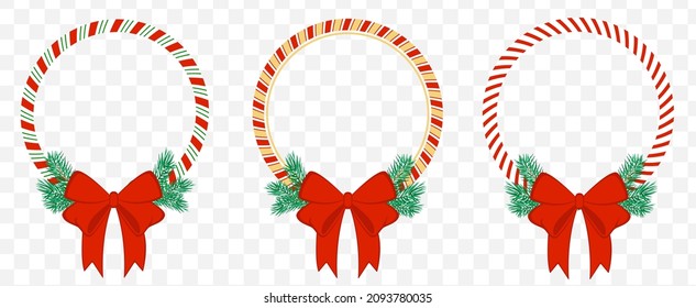 Circle frame candy cane with fir branches. Red bow Christmas border. Isolated vector illustration, flat style.