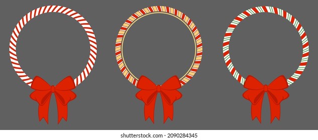 Circle frame candy cane. Red bow Christmas border. Isolated vector illustration, flat style.