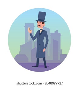 Circle frame with cartoon victorian gentleman at backdrop of city buildings, flat vector illustration isolated on white background. Retro vintage dandy or gentleman.