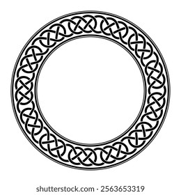 Circle frame with Celtic knotwork, a decorative loop border with pattern in typical Celtic style. Seamlessly connected sling knots formed by intertwined lines. Isolated back and white illustration.