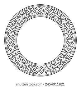 Kreisrahmen mit keltischem Loop-Randknotwork. Dekorative Umrandung mit einem Muster im typisch keltischen Stil. Verschlungene Linien, die Schlingenknoten bilden, nahtlos verbunden. Schwarzweiß-Illustration. Vektorgrafik