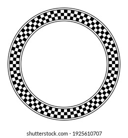 Circle Frame With Checkered Pattern. Round Border With Checkerboard Pattern, Made Of A Checkerboard Diagram, Consisting Of Black And White Alternating Squares, Framed With Lines. Illustration. Vector.