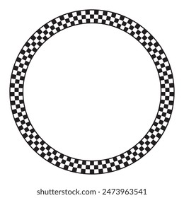 Circle frame with checkered print. Round framework with checkerboard, rally flag or chess game geometric print isolated on white background. Chequered ring. Vector graphic illistration.