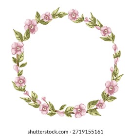 Circle frame with cherry blossom and pink flowers. Flat spring border