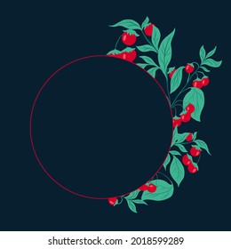Circle frame with cherry tomatoes on the bushes with leaves on dark turquoise background. Vector natural flat border. Gardening and horticulture. Template with herbs and vegetables.