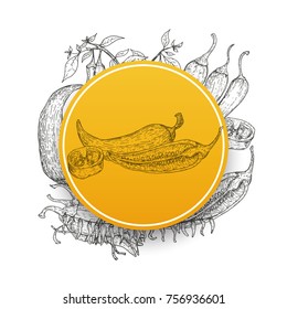 Circle frame with chili peppers in retro hand drawn, sketches, engraved style. Design elements for banner, cover, label, package, promote. Isolated on white background. Modern vector illustration.