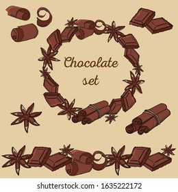 Circle frame with chocolate, cinnamon and star anise. Template with piece of chocolate and spices. Vector. Eps 10