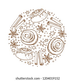 Circle frame with cinnamon buns isolated on white background. Baked goods. Doodle style. Design element for cafe menu, leaflets, stickers or magnets.