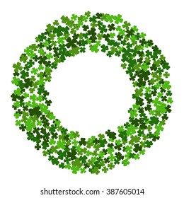 Circle frame with clover leaves for St. Patrick's day isolated on white background. Elegant round border for greeting card, postcard, invitation, festive banner, flyer, poster. Vector illustration.