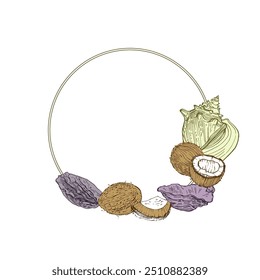 Moldura de círculo com cocos e conchas.  Borda redonda desenhada à mão, folhas e flores, convite de casamento e cartões, design de logotipo e modelo de cartazes. Vetor floral de estilo mínimo elegante isolado 