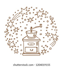 Circle frame with coffee grinder isolated on white background. Doodle style. Design element for cafe menu, leaflets, stickers or magnets.