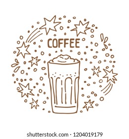 Circle frame with coffee Macchiato isolated on white background. Doodle style. Design element for cafe menu, leaflets, stickers or magnets.