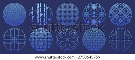 Circle frame collection in Japanese tradition style with Asian pattern elements. Vintage oriental design of geometric ornaments, symbolic shapes and decorative motifs inspired by Japan culture and art