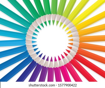 Circle frame colorful pencils with copy space on white background. Top view. Stationary and education supplies. Vector illustration in flat design.