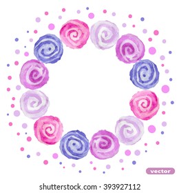 Circle frame from colorful spiral spots. Watercolor hand drawn vector illustration. Watercolor background in lilac, purple and pink colors for your design. 