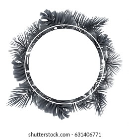 Circle frame of colorful tropical leaves on white background. Greeting cards, wallpapers, flyers and banners jungle concept. Black and white realistic style. Vector illustration. EPS 10.