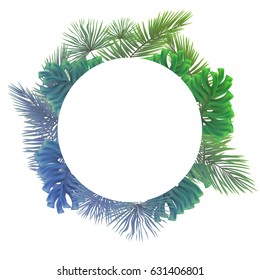 Circle frame of colorful tropical leaves on white background. Greeting cards, wallpapers, flyers and banners jungle concept. Colorful realistic style. Vector illustration. EPS 10.