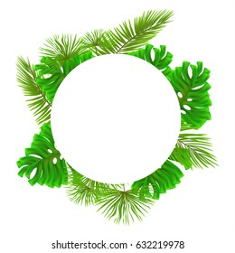 Circle frame of colorful tropical leaves on white background. Greeting cards, wallpapers, flyers and banners jungle concept. Colorful realistic style. Vector illustration. EPS 10.