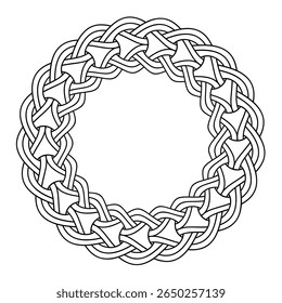 Quadro de círculo composto de correntes entrelaçadas, entrelaçadas semelhante a um padrão de cabo de malha. Estilo de nó celta, modelado em um padrão vertebral, encontrado em runas Manx. Ilustração isolada. Vetor