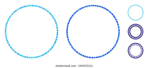 Circle frame composition of round dots in different sizes and color tints, based on circle frame icon. Vector round elements are combined into blue composition.