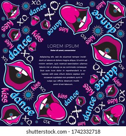 Concepto de marco circular con lugar para texto. Pegatinas de boca abierta con lengua. Los labios malhumorados de una chica. Grabación manuscrita. Jugosa ilustración de neón en un fondo azul oscuro.
