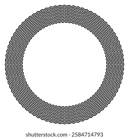 Circle frame consisting of twelve wavy lines. Decorative circular border made by twelve black serpentine lines. Snake-like circular frame, decorative surround and background. Isolated illustration.