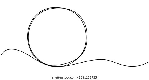 Circle frame continuous one line drawing. Hand drawn circle frame on white background. Doodle illustration. Continuous one line drawing of scribble black circle. Round frame sketch outline.