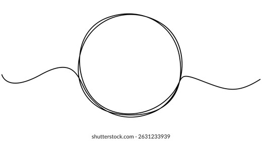 Circle frame continuous one line drawing. Hand drawn circle frame on white background. Doodle illustration. Continuous one line drawing of scribble black circle. Round frame sketch outline.