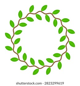 circle frame of creeping plant with green leaf on white background.