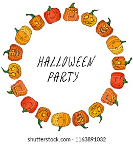 Circle Frame of Cute Halloween Pumpkins. Autumn or Fall Party Collection. Realistic Hand Drawn High Quality Vector Illustration. Doodle Style.