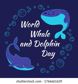 Circle frame with cute ocean animals and bubbles on a deep blue background.Design template for logo, badge,banner.Greeting card for World Whale and Dolphin Day celebration.Colorful vector illustration