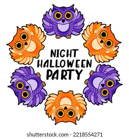 Circle frame of cute owls with open wings. Cartoon vector illustration. Humorous congratulatory Halloween concept.