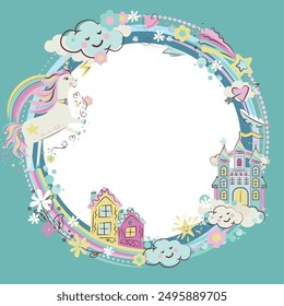 Circle frame with cute unicorn, flowers, clouds, castle. Kid design.