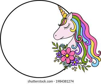 Circle frame with cute unicorn. Vector illustration on white background.