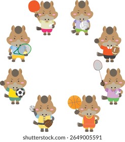 Circle Frame of Cute Zodiac Horses Playing Ball Sports Only