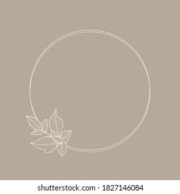 Circle frame of Dahlia Flowers and Branches. Round Icon in a Trendy Minimal linear style. Vector Floral wreath for cosmetics logo, beauty Studio, hair salon, handmade, spa
