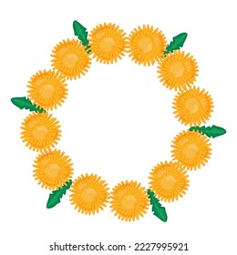 Circle frame with dandelion flower and green leaves. Vector illustration in cartoon style